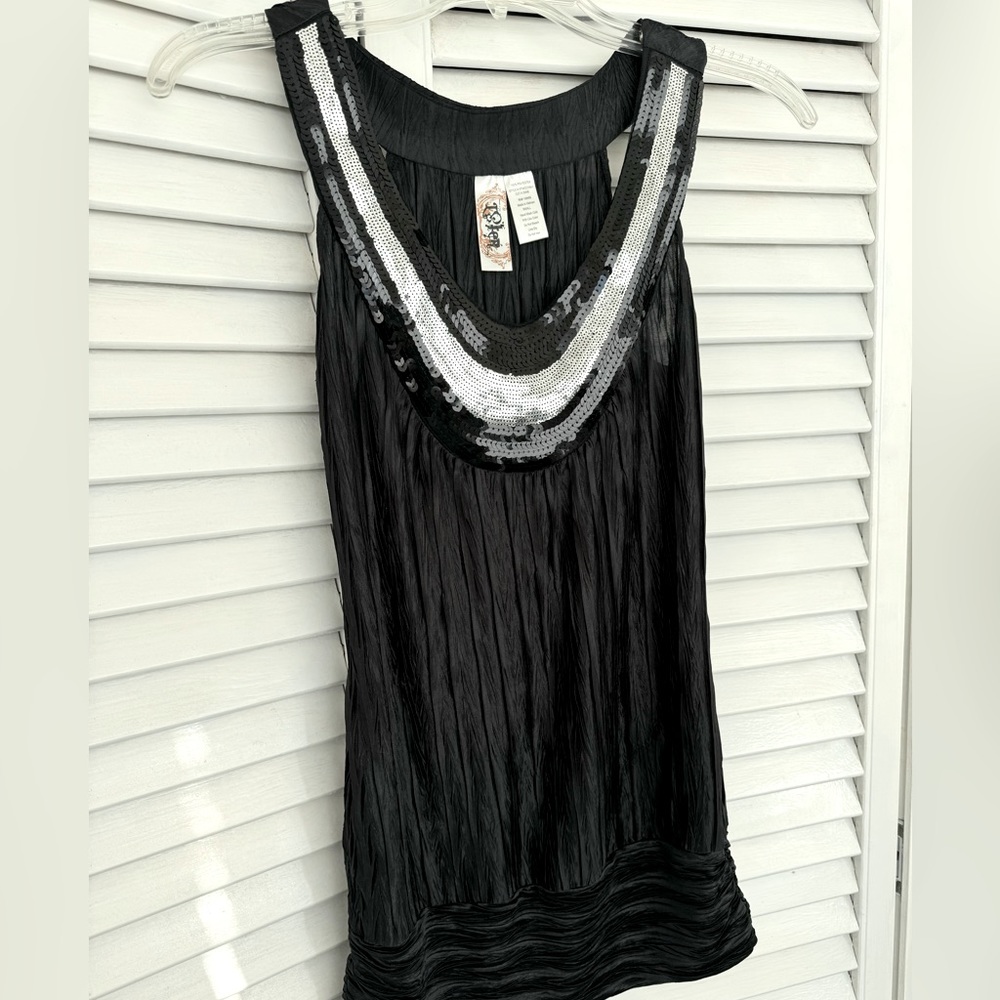 Black & Silver Sequin Sleeveless Blouse, L8ter Sparkle TankTop Shirt NEW Small S